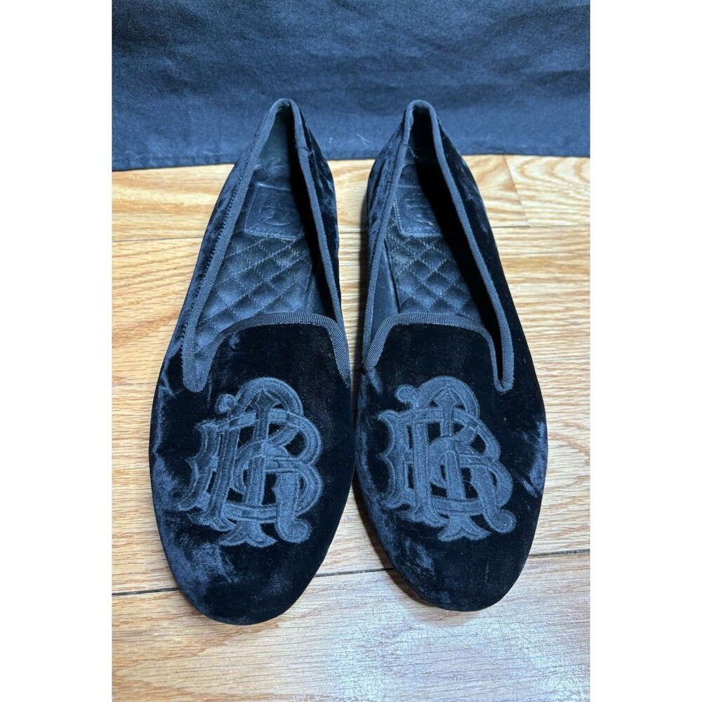 Tory Burch Black Loafers Velvet Crest Leather Sole Womens Size 9.5